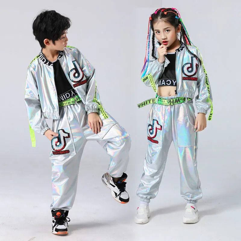 

2021 Children Performance Clothes Boys Hip-hop Set Girl Silver Color Jazz Dance Costume Catwalk Dance Costume Cool Rave Outfits