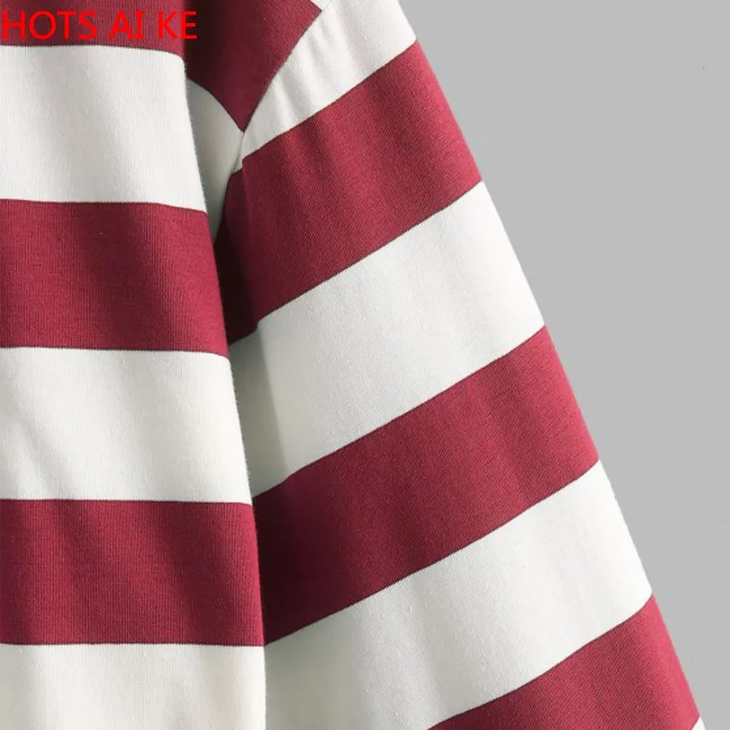 

Women Color Stripe Mosaic Button Sweatshirt Long Sleeve Pullover cropped Tops Turn-down Collar