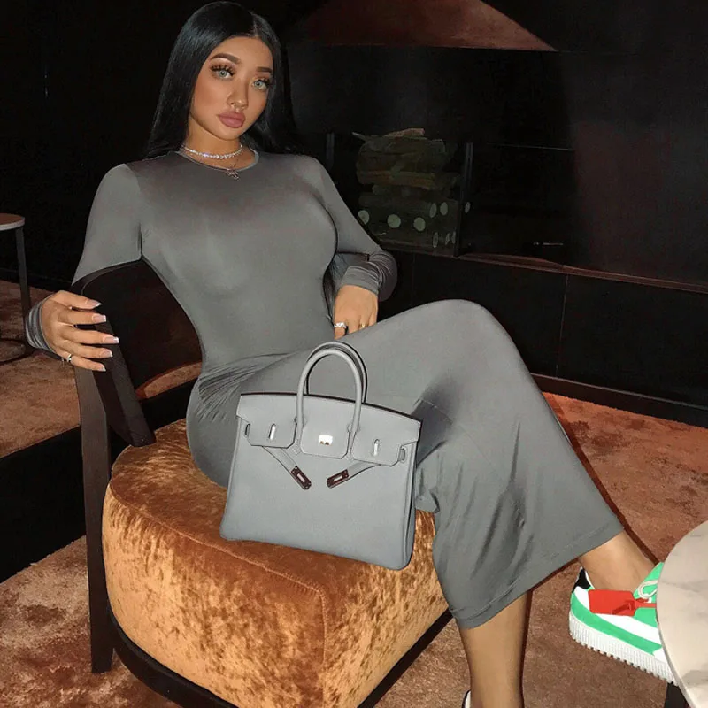 Эластичное Однотонное Платье До Колена с длинным рукавом 2 цвета|Женские платья| |