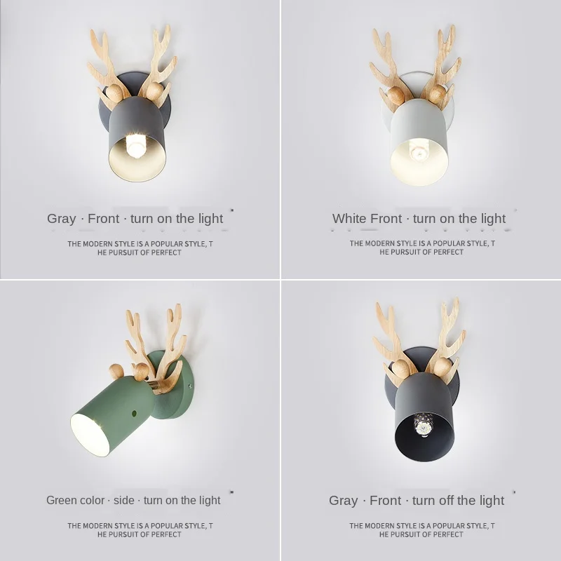 

Nordic Bedroom Lamp Wrought Iron Antlers Wall Lamp Creative Corridor Wall Lamp Children's Room Bedside Lamp Wooden Lamp Body
