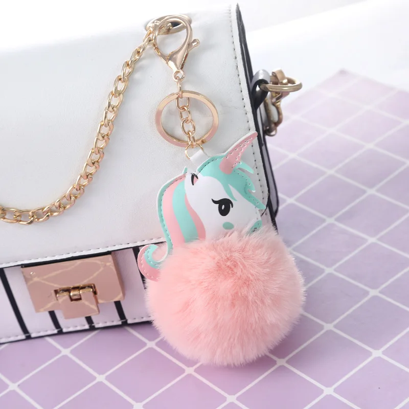 

cute mini unicorn fur ball keychain girl lady bag key ring handmade fluffy pompon ball keychain car key ring pendant