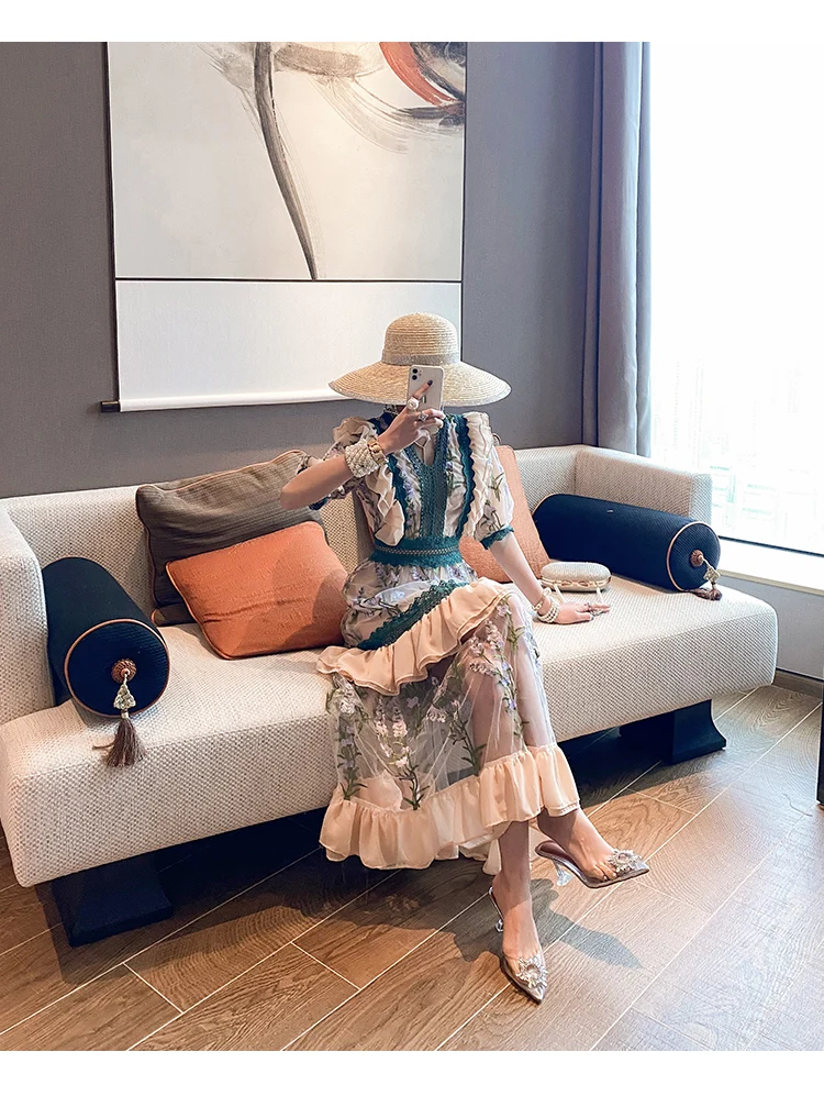 

High-End Embroidery Dress 2021 Summer Retro French Ruffled Fairy Long Dress Puff Short Sleeve Slimming Temperament Maxi Dress