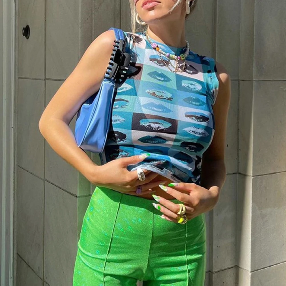 

Женский топ без рукавов, с круглым вырезом и принтом «глаза + губы»