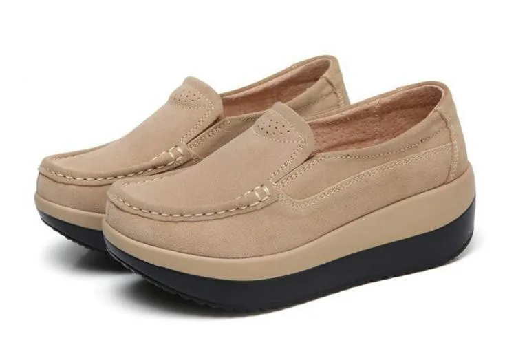 QWEDF Women Flats Platform Loafers Ladies Elegant Genuine Leather Moccasins Shoes Woman Slip On Casual Women's Shoes DC-101 - Цвет: Sand color