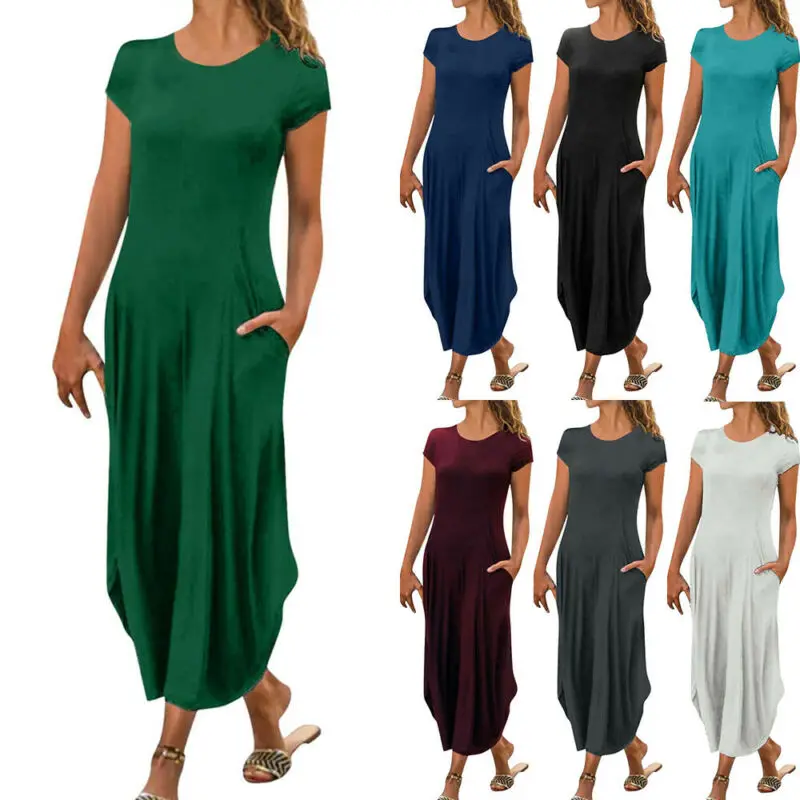 

Womens Dress O-Neck Short Sleeve Maxi Long Dresses Summer Holiday Sundress Baggy Dress Summer 2021