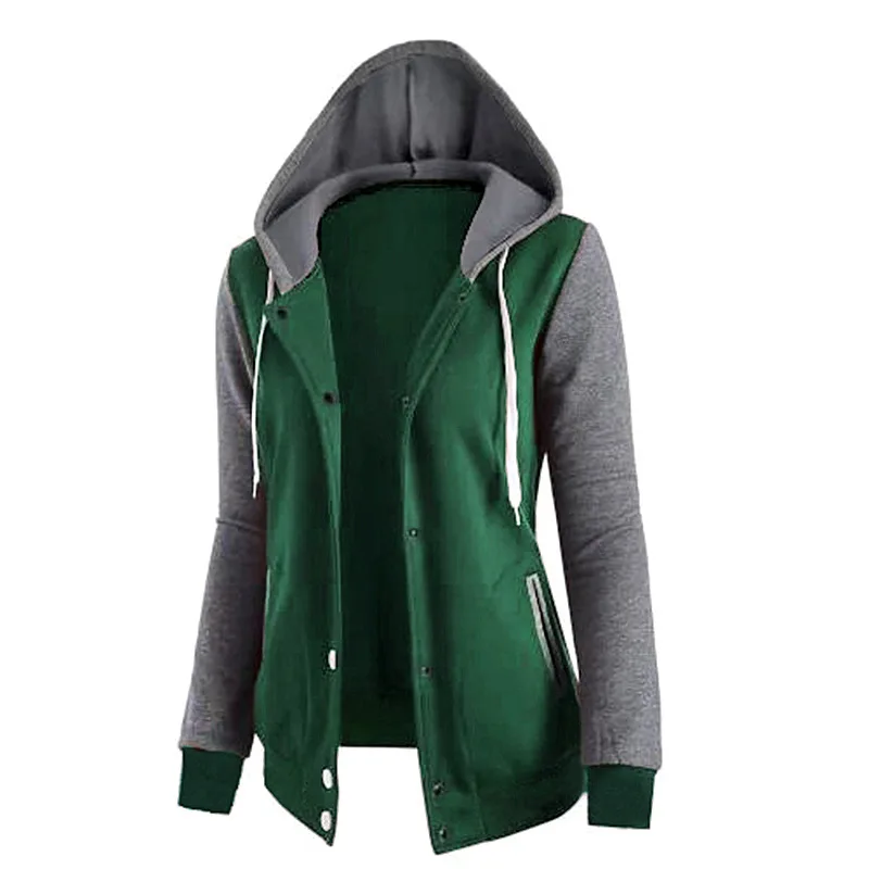 Fashion Women's Stitching Hooded Pocket Long Sleeve Buttoned Tops All-match Personality Slim Women's Jacket
