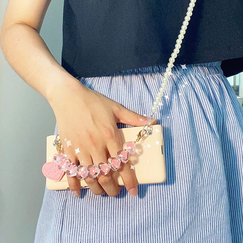 Fashion Cute Conque For Samsung Galaxy Z Fold 4 2 3 5G Small Love Heart Bracelet Long Pearl Chain Crossbody Pink Case Cover