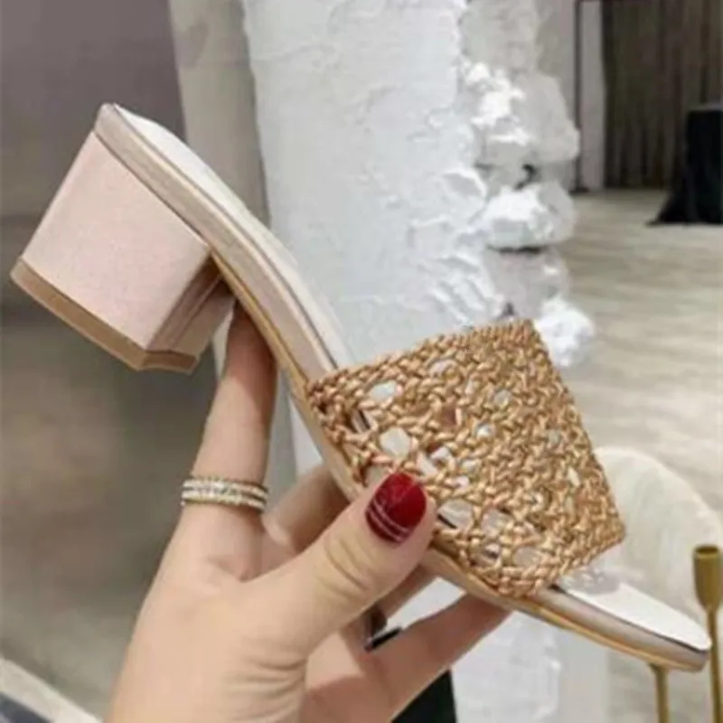 

Prowow Woman Slippers Square Heels Open Toe Shoes Summer Solid Ladies Shoes Fashion Outside Slippers 2021