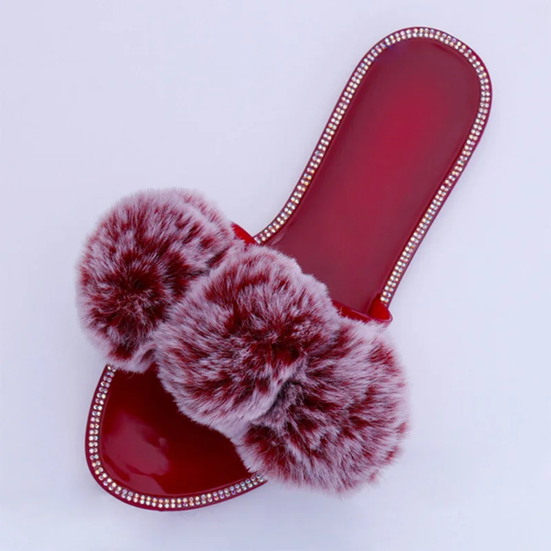 

Women's Ball Solid Slipper Shoes Ladies Diamond Hair Fashion Casual Home Flat Sandals Slippers 2021 Plus Size Summer New
