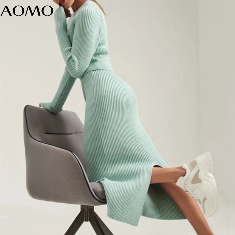 

Женский спортивный костюм AOMO из 2 предметов, элегантный свитер с круглым вырезом и юбка, JE107A, 2020
