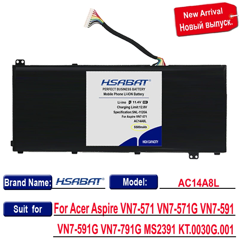 Аккумулятор HSABAT 5500mAh AC14A8L для Acer Aspire VN7-571 VN7-571G VN7-591 VN7-591G MS2391 KT.0030G.001 | Компьютеры и
