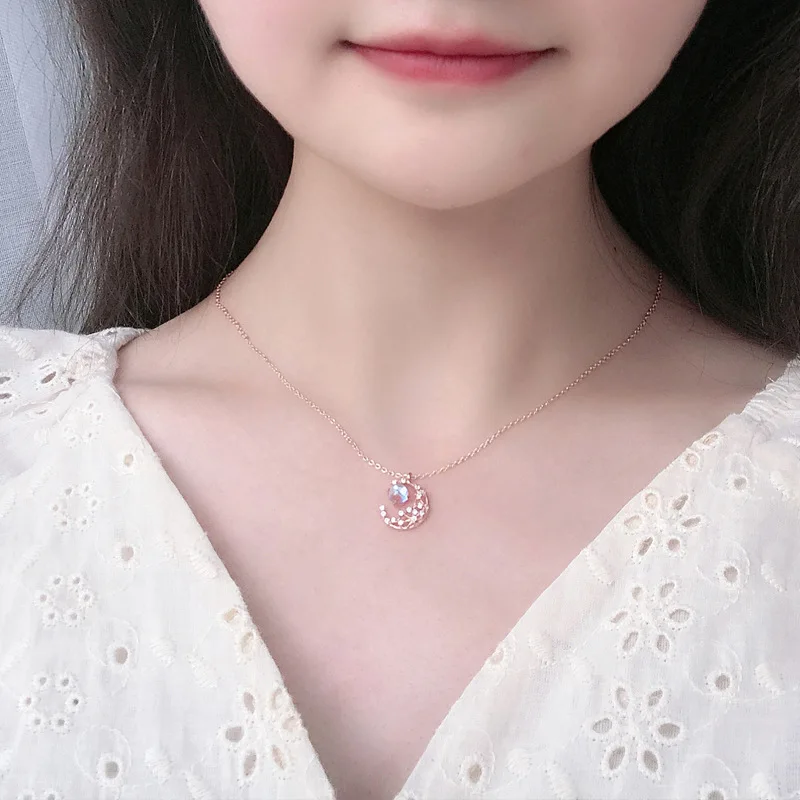 

Star and Moon Series Necklace Ear Studs S925 Sterling Silver Moonstone Clavicle Chain Rose Gold Pendant Small Design Earrings