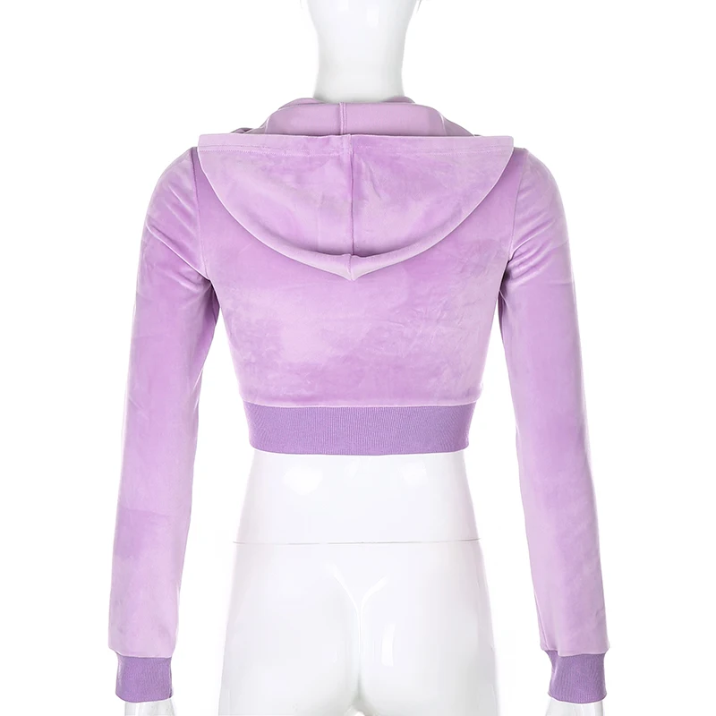 

Waatfaak Purple Velvet Autumn 2020 Crop Jacket Women Pockets Zipper Up Hoodie Harajuku Sexy Coat Basic Crop Top Long Sleeve Club