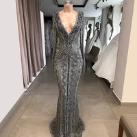 haute couture v neck mermaid evening dress long sleeves women dress floor length beaded prom dress middle east saudi arabia