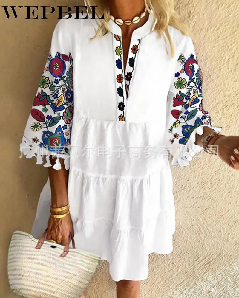 

WEPBEL Women Casual Loose Floral Print Mini Dress Ladies Elegant Half Sleeve V Neck Ruffles Dress With Tassel