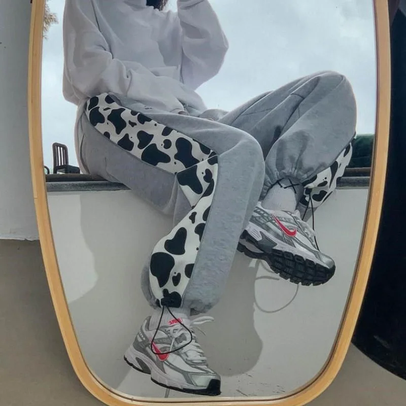 

MINGLIUSILI Cow Print Women Spring Fashion 2021 Korean Style Straight Pants Splice Print High Waist Streetwear Women Clothing