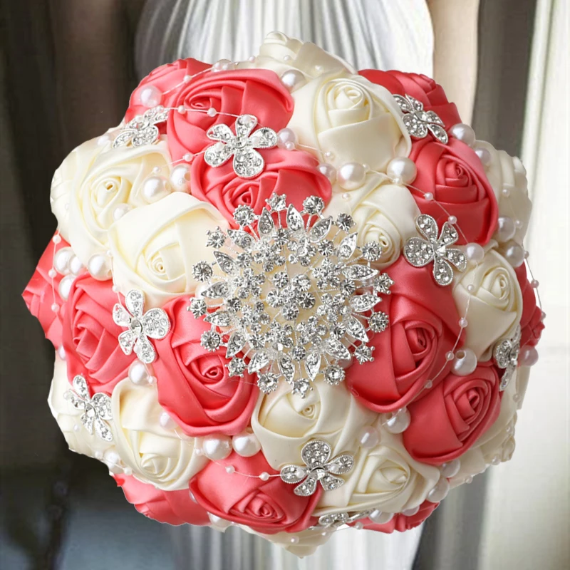 

1pc/lot Coral Bride Wedding Flower With Diamond For Wedding Party
