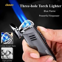 metal triple torch jet lighter pipe lighter with cigar cutter visible gas window windproof flame gas lighter cigar accessory