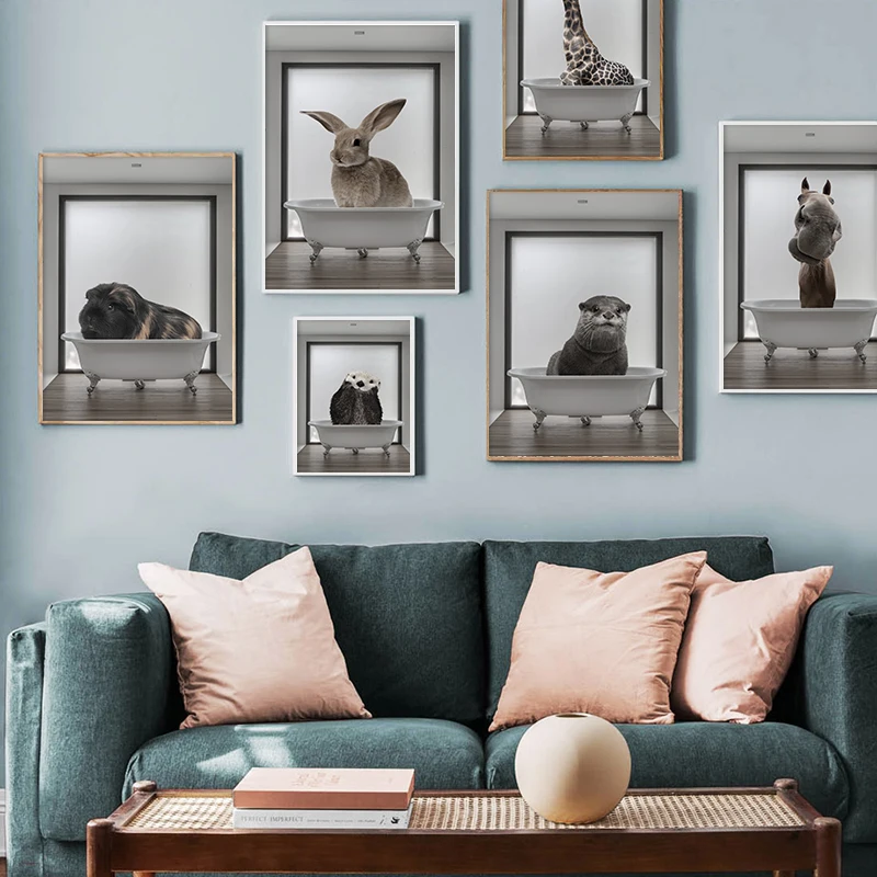 

Horse Giraffe Rabbit Otter Animal Bathtub Poster Wall Art Print Canvas Painting Nordic Pictures Kids Room Toilet Bathroom Decor