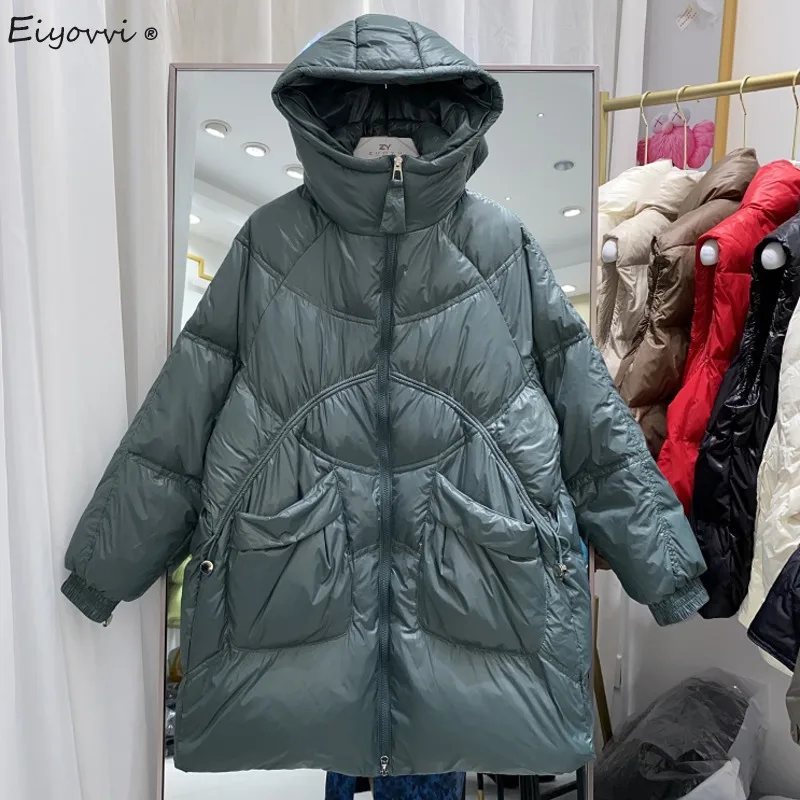 

Женский пуховик средней длины, свободная утепленная куртка на белом утином пуху, Повседневная модная парка, мягкая верхняя одежда в Корейск...