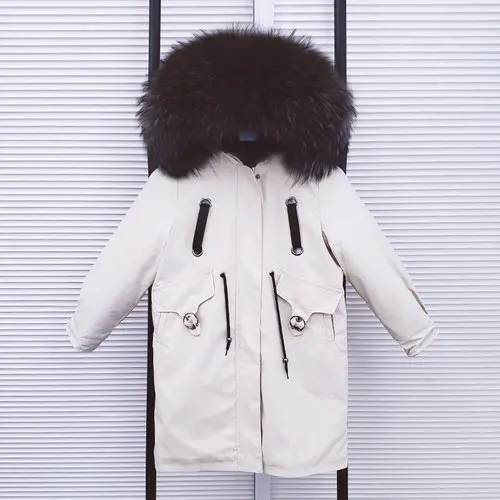 Khaki Grey Новинка года, парки с натуральным мехом для мальчиков и девочек зимняя детская куртка Xlong пальто с капюшоном из натурального меха енота Съемная подкладка из кроличьего меха - Цвет: Khaki Grey