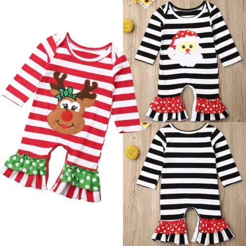 

Christmas Clothes Santa Claus/Deer Romper Infant Baby Girl Striped Long Sleeve Ruffles Flare Pants Xmas Jumpsuits 0-18M