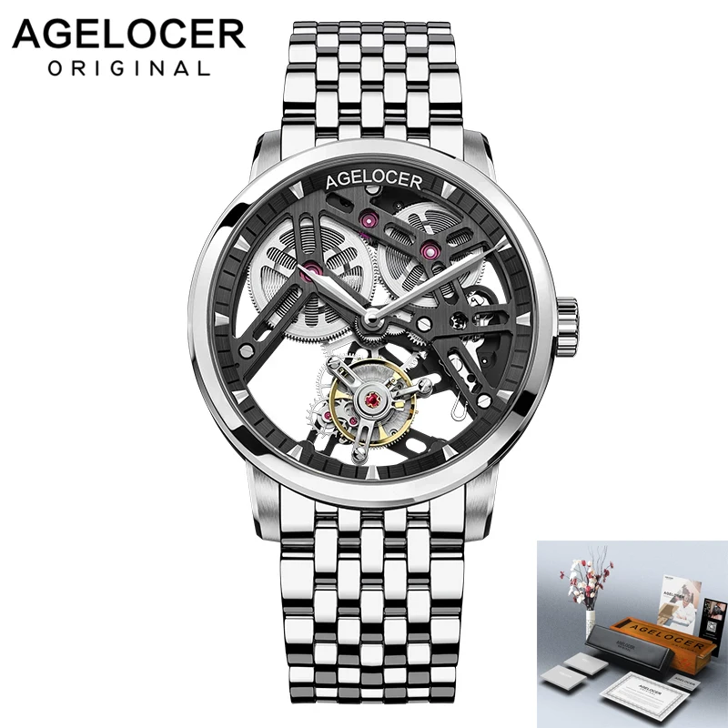 

AGELOCER Men's Luxury Tourbillon Skeleton Mechanical Movement Watches Sapphire Wristwatch For Men steel montre bracelet homme
