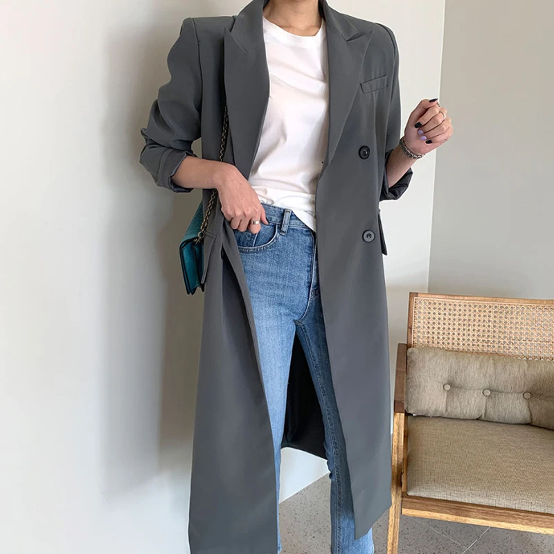 

Streetwear Double Breasted Trench Coat British Vintage Jacket Coat Women Winter Elegant Gray Abrigos Para Mujer Windbreaker EH50
