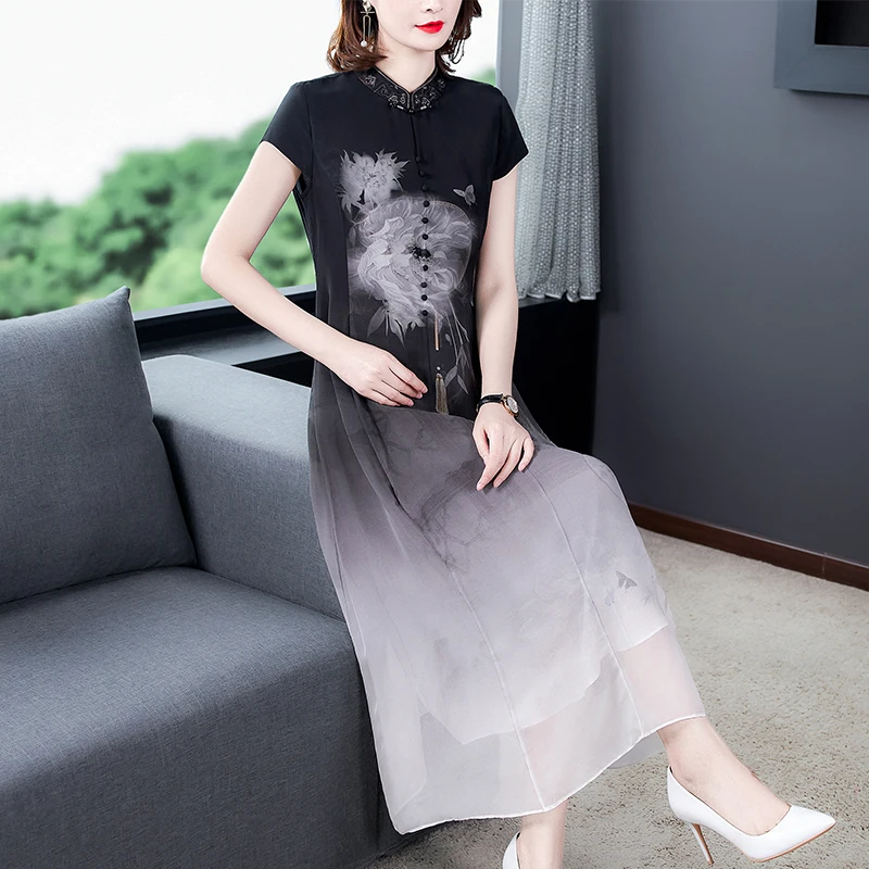 Женское платье в китайском стиле длинное летнее с коротким рукавом улучшенное
