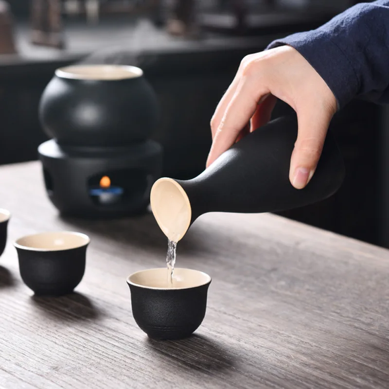 Juego de Sake de cer&aacute;mica con calentador, incluye 1 botella de Sake, 4 tazas de Sake, 1 taza m&aacute;s caliente, 1 vela, estufa de calefacci&oacute;n-4
