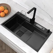 75x45CM Kitchen sink single bowl black nanometer 304 stainless steel manual sink large stepped high and low sink