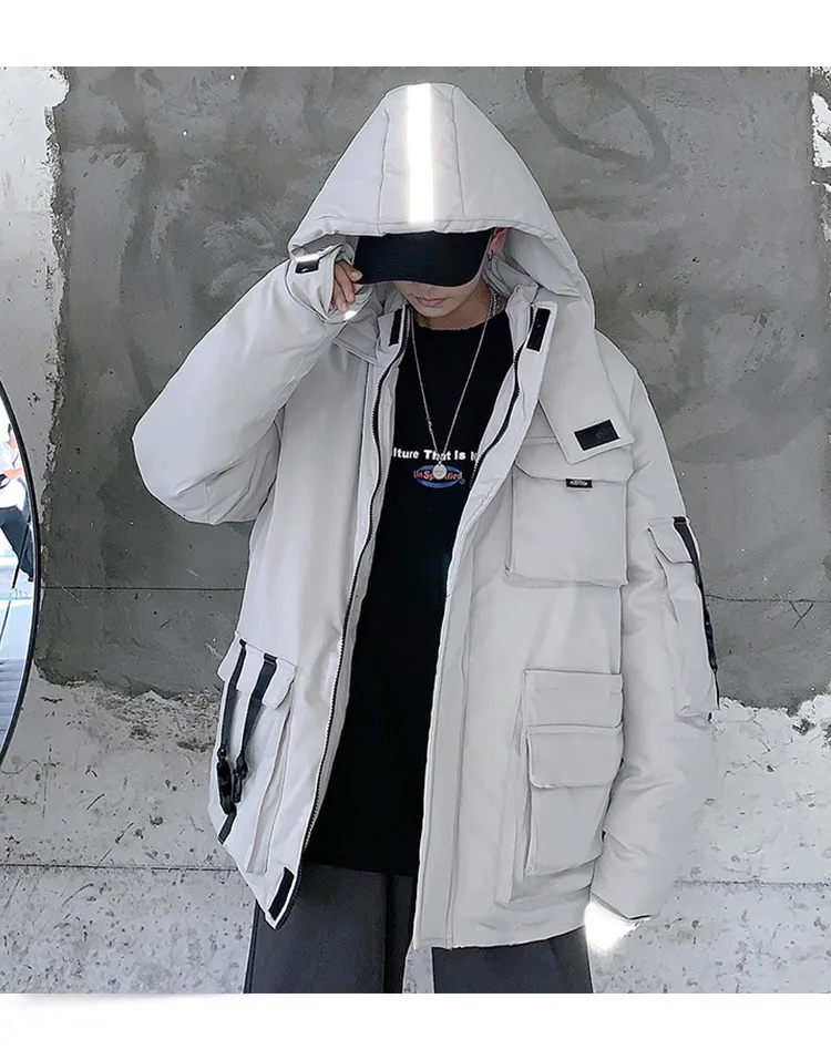 Winter Short Coat Men Warm Thick Parka Men Fashion Reflective Strip Hooded Coat Man Streetwear Loose Tooling Jacket Male Clothes
