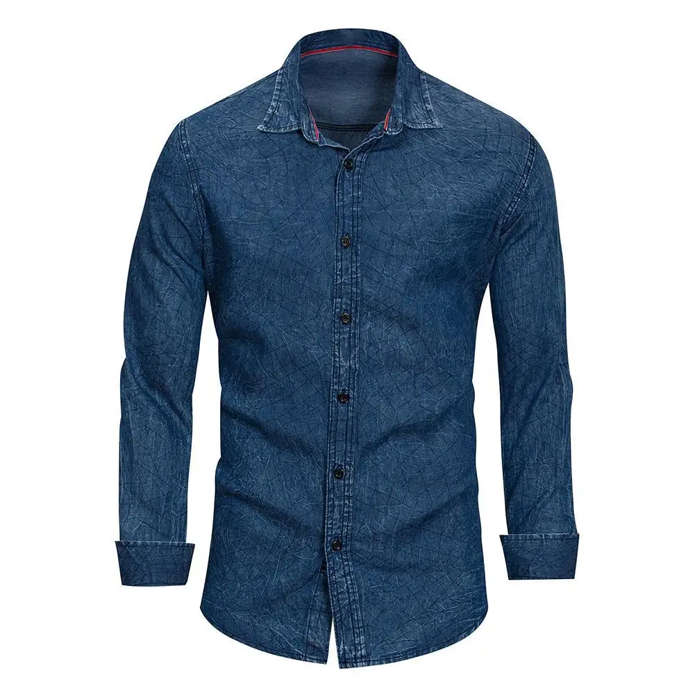 

Fashion Line Printed Long Sleeve Turn-Down Collar Men's Casual Denim Shirt Top Shirt plus size 3xl