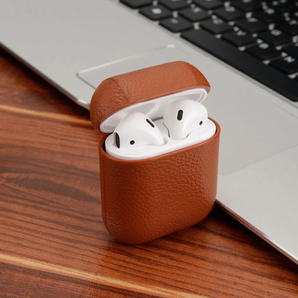 Brown LISM чехол из натуральной кожи для Apple Airpods 1/2 противоударный ПК чехол для AirPods протектор для наушников Litchi шаблон чехол Капа - Цвет: Brown