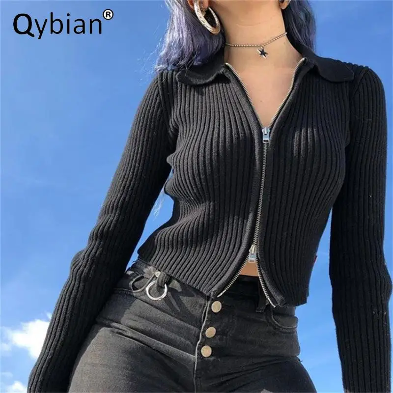

New Fashion Hot Sale Women Open Stitch Sweater Women Double Zippers High Elastic Wool Cardigan Long Sleeve Stripe Sweaters