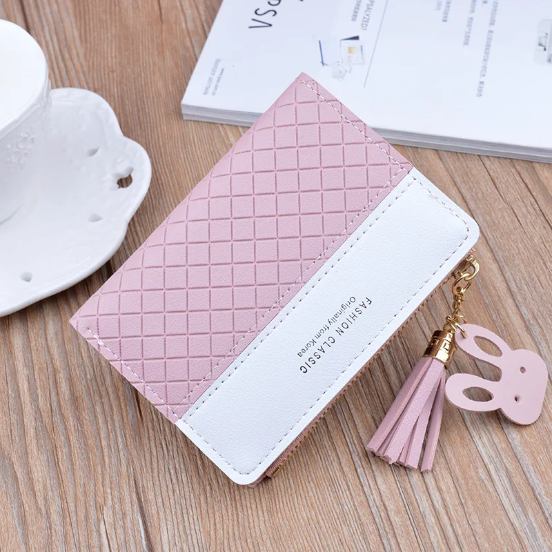 

New Korean Women Ms Short Wallet Female Mini Slim Thin Hit Color Embossing Zipper Tassel Coin Purse Student Cute Wallet