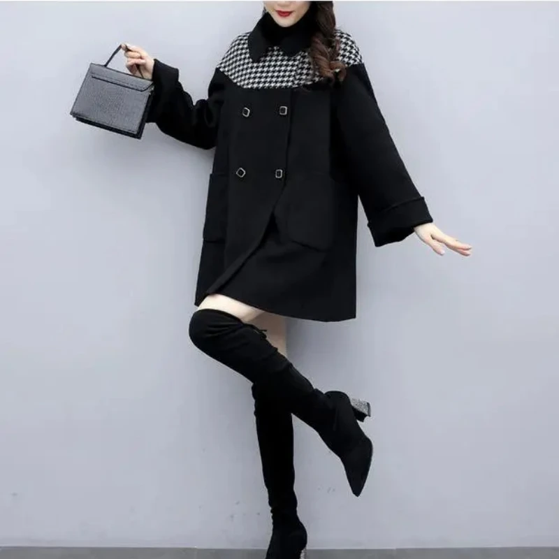 

Women Houndstooth Woolen Jacket Black Loose Autumn Winter Coat