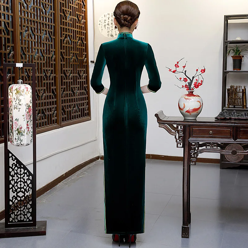 Зеленое велюровое женское платье с вышивкой Cheongsam тонкие вечерние платья