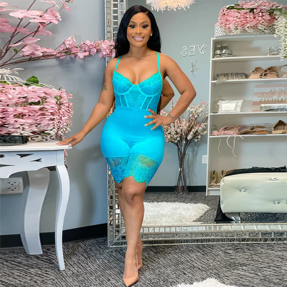 

Lace Patchwork Waist Shaped Party Club Outfit Women Spaghetti Strap Deep V Neck Skinny Romper Summer See Through Slim Playsuit