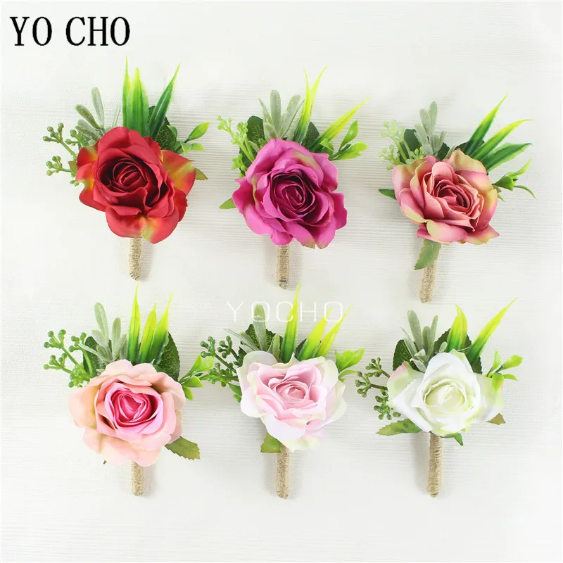 

YO CHO Bride Wrist Corsage Men Boutonniere Girl Bracelet Groom Brooch Pins Wedding Bridesmaids Wrist Corsage Silk Rose Flowers