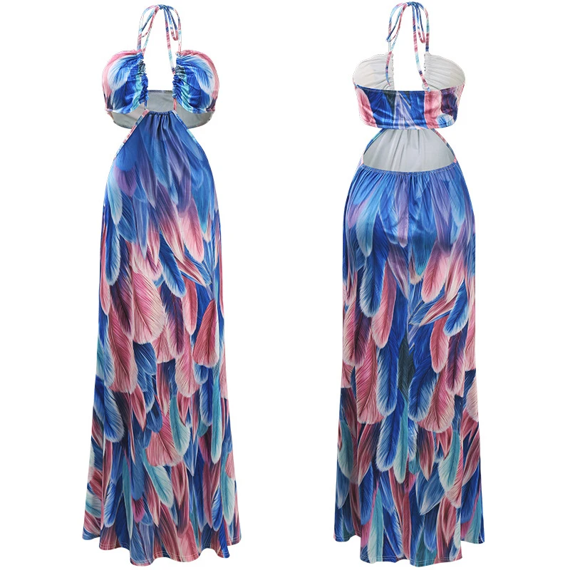 

Print Bodycon Maxi Dress Halter Beach Dress Summer Boho Clothing for Women Sexy Long Dresses Night Club Female Dress