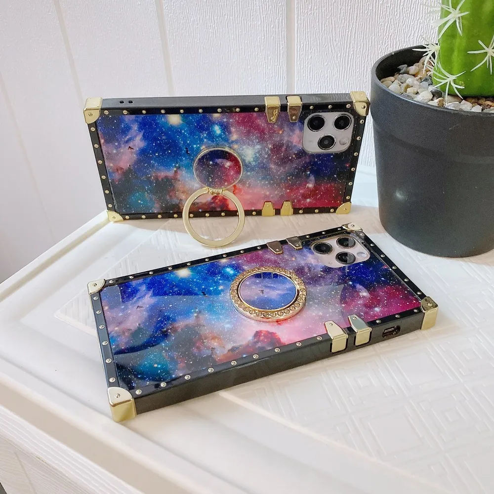 

For Xiaomi Redmi Case 9 CC pro 10 lite note 7 8 Max Back cover Black frame square universe galaxy diamond bracket