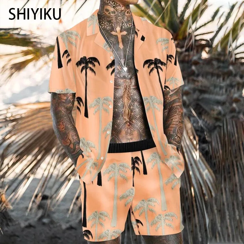 

SHIYIKU Brand New Hawaiian Printed Shirt Suit Summer Fashion Short Sleeve Shirt Beach Shorts Casual Quick Dry 2 Piece Men's Set