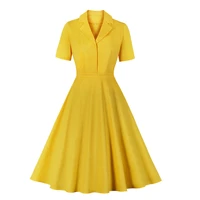 yellow dresses 2021 new summer women fashion short sleeve button casual a line party pin up dress female vestido