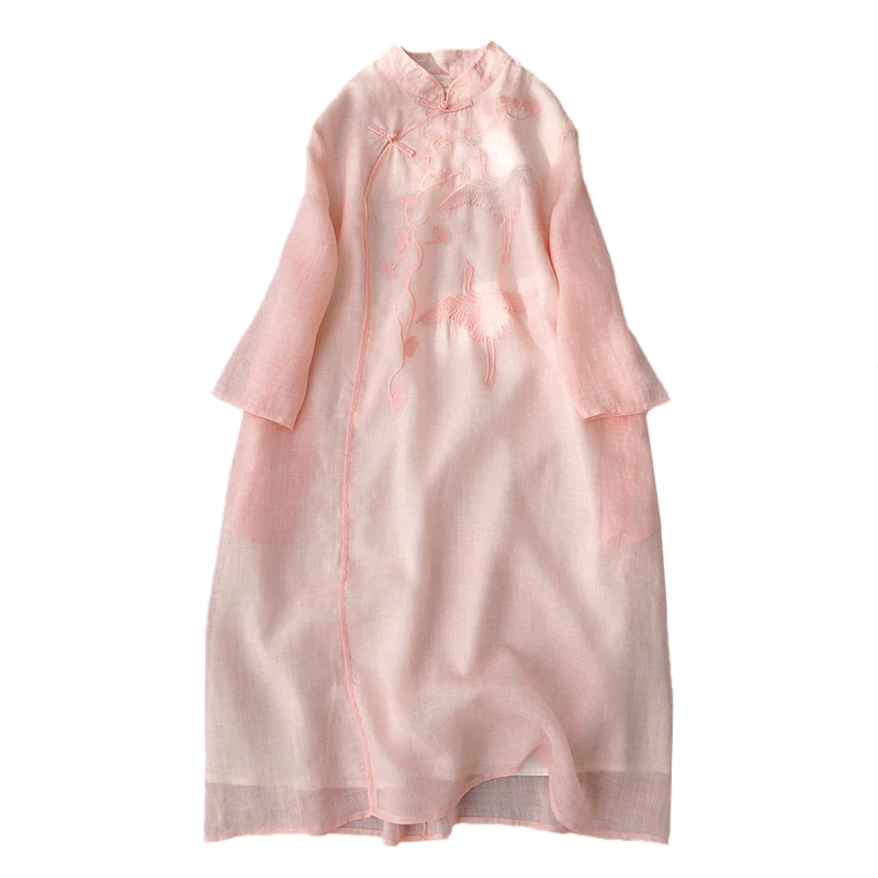 

Shuchan Linen Cotton Birds Chinese Style Dresses for Women Party 2021 Three Quarter Sleeve Embroidery Animal Women Clothes
