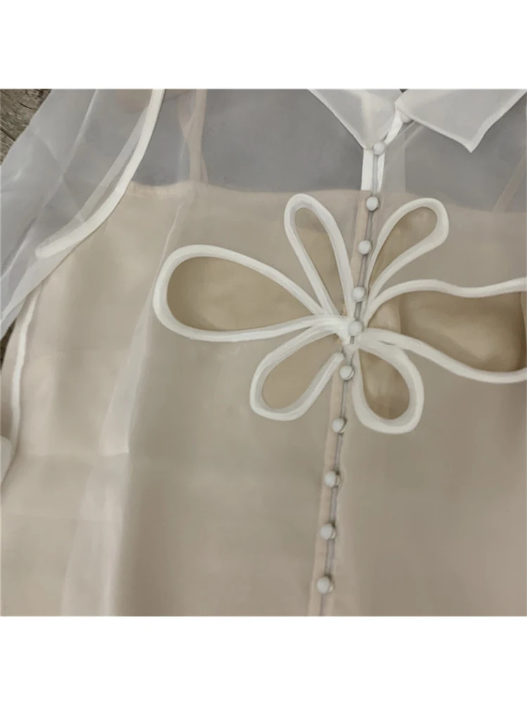 

Lapel organza Hollow on the chest Loose shirt Two-piece suit Ladies autumn new style Personality temperament All-match top