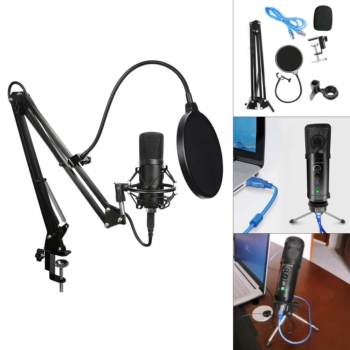 USB Condenser Microphone Set Adjustable Volume Headphone Monitoring Reverberation Noise Reduction No Sound Card Required