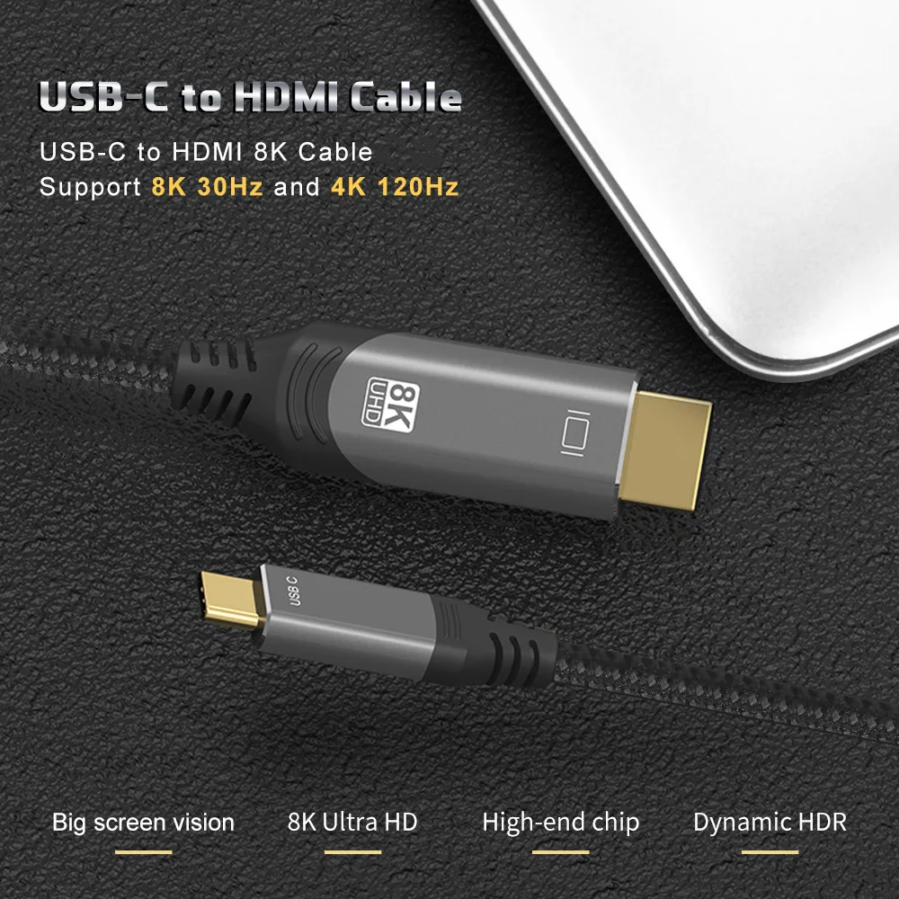 

Новый совместимый кабель USB C к HDMI Thunderbolt 3 Type C совместимый HDR 8K @ 30Hz 4K @ 120Hz для MacBook Pro,iPad Pro 2020,MacBook