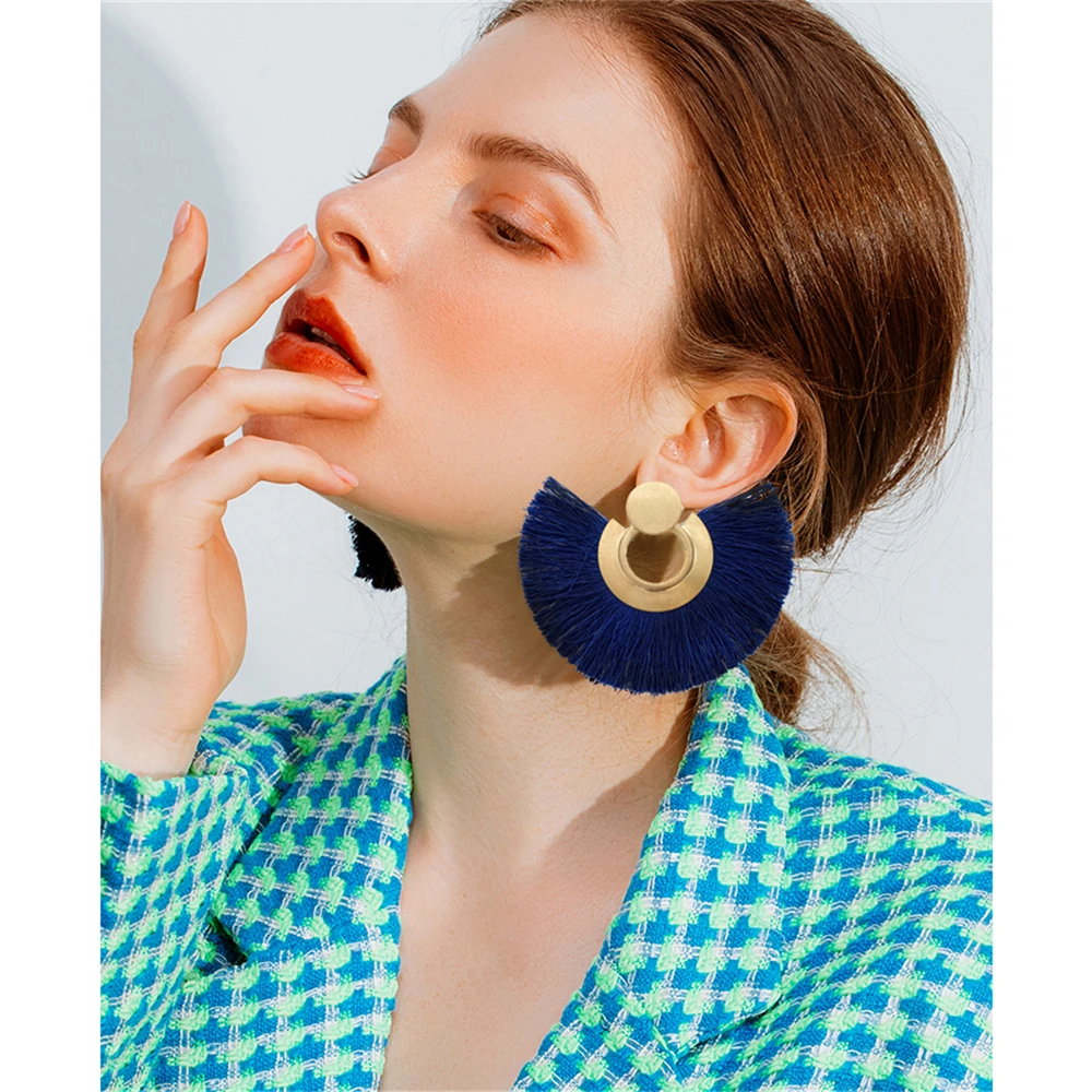 Золотые серьги для женщин модные очаровательные богемные синие с кисточками