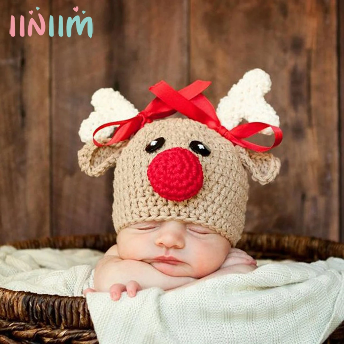

Baby Christmas Hat Adorable Reindeer Hand Crochet Beanie Newborn Boy Girl Knitting Hats Photo Props Knitted Bonnet Xmas Santa